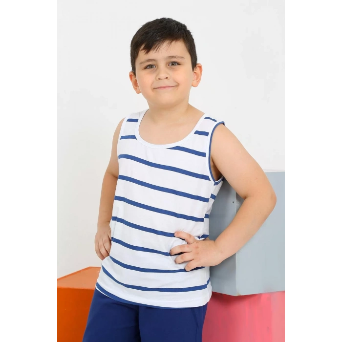 Moda Erkek Çocuk Sıfır Kol Şortlu Beyaz Penye Pijama Takımı