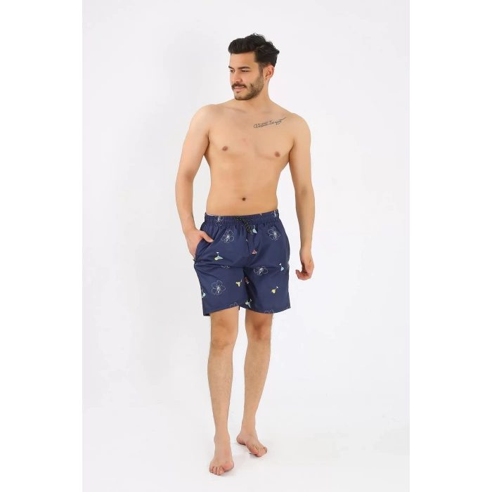 Moda Erkek Desenli Fermuar Cepli Deniz Şortu Lacivert
