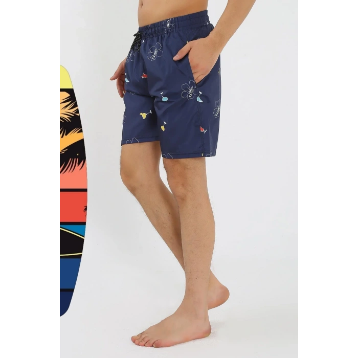 Moda Erkek Desenli Fermuar Cepli Deniz Şortu Lacivert