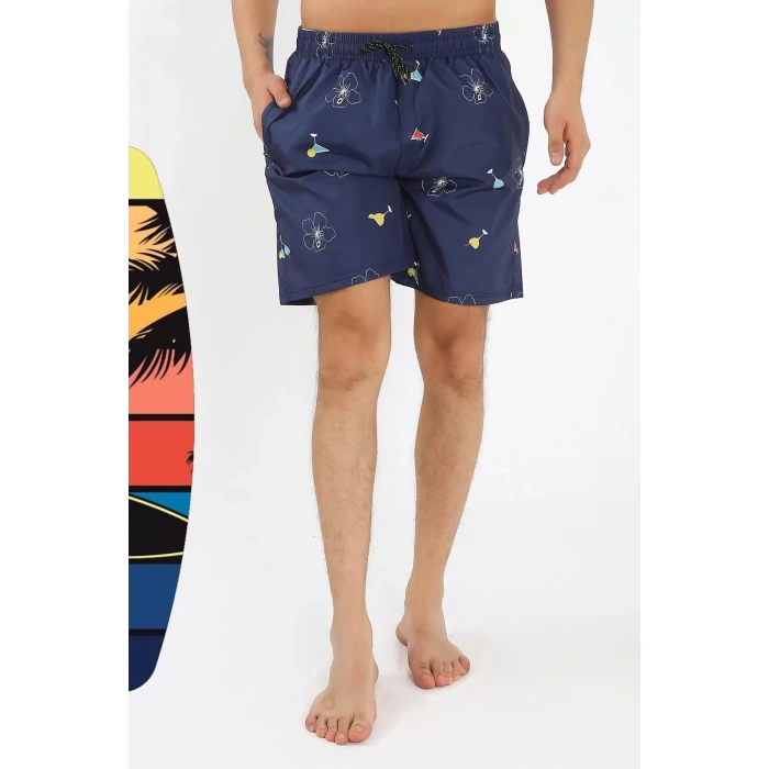 Moda Erkek Desenli Fermuar Cepli Deniz Şortu Lacivert