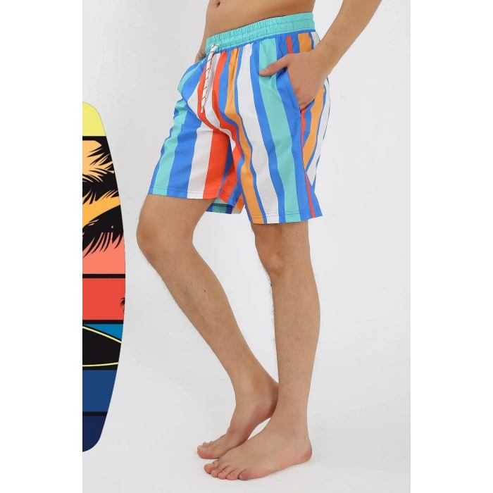 Moda Erkek Desenli Fermuar Cepli Deniz Şortu Mavi