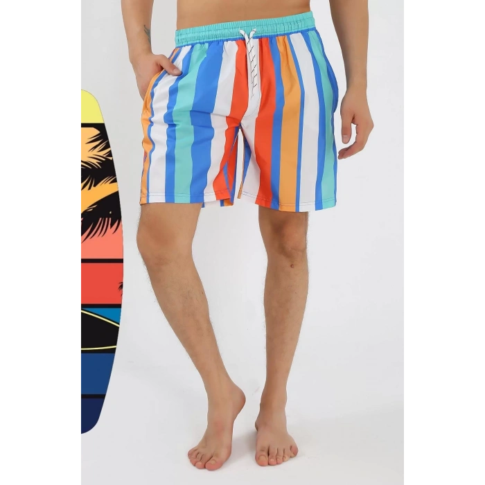 Moda Erkek Desenli Fermuar Cepli Deniz Şortu Mavi