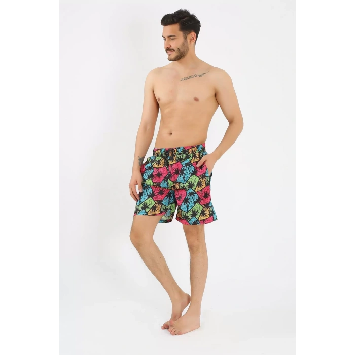 Moda Erkek Desenli Fermuar Cepli Deniz Şortu Siyah