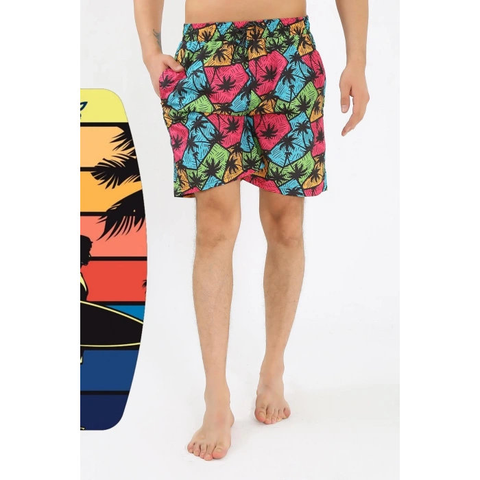 Moda Erkek Desenli Fermuar Cepli Deniz Şortu Siyah