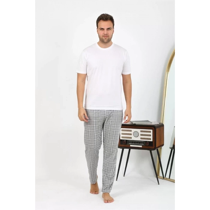 Moda Erkek Ekoseli Desen Penye Tek Alt Pijama Gri