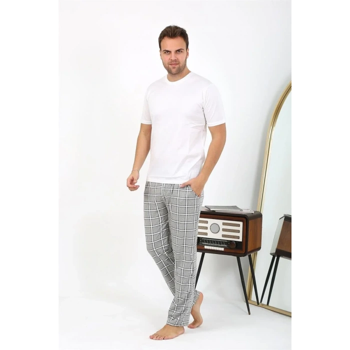 Moda Erkek Ekoseli Desen Penye Tek Alt Pijama Gri