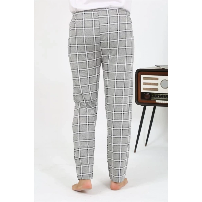 Moda Erkek Ekoseli Desen Penye Tek Alt Pijama Gri