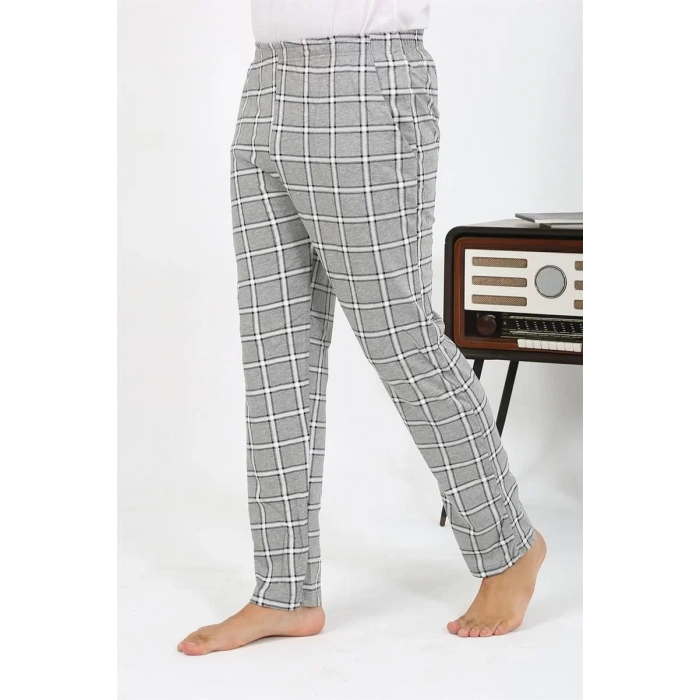 Moda Erkek Ekoseli Desen Penye Tek Alt Pijama Gri
