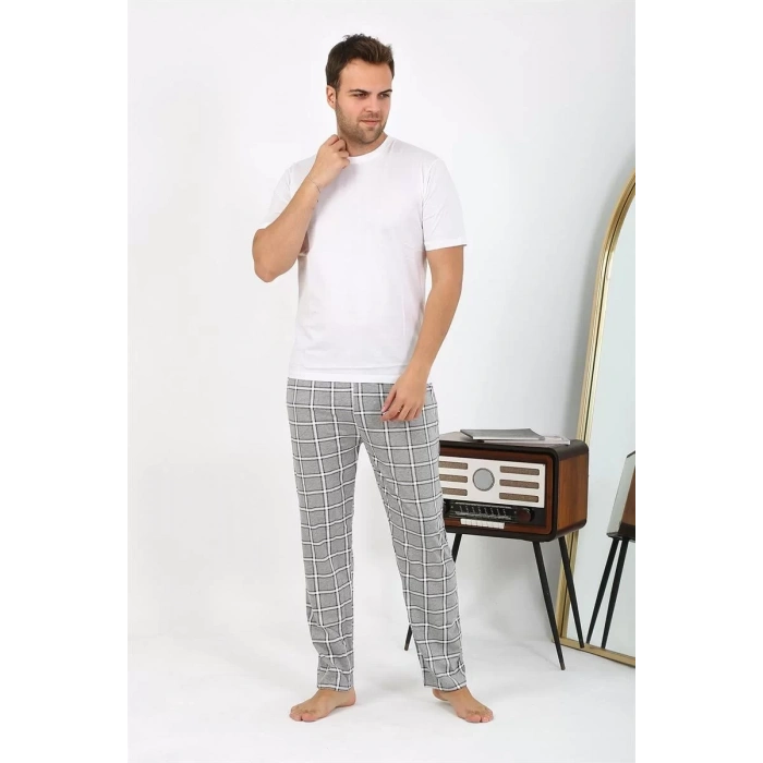 Moda Erkek Ekoseli Desen Penye Tek Alt Pijama Gri
