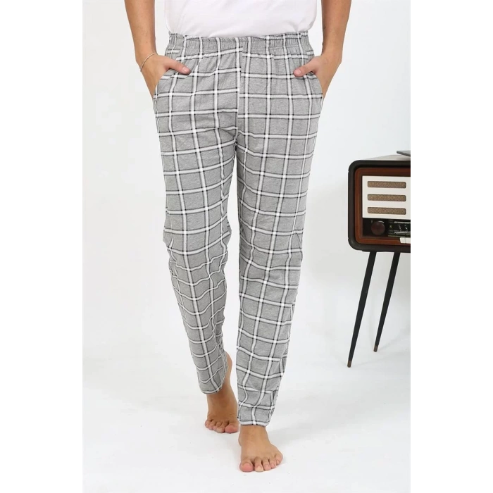 Moda Erkek Ekoseli Desen Penye Tek Alt Pijama Gri