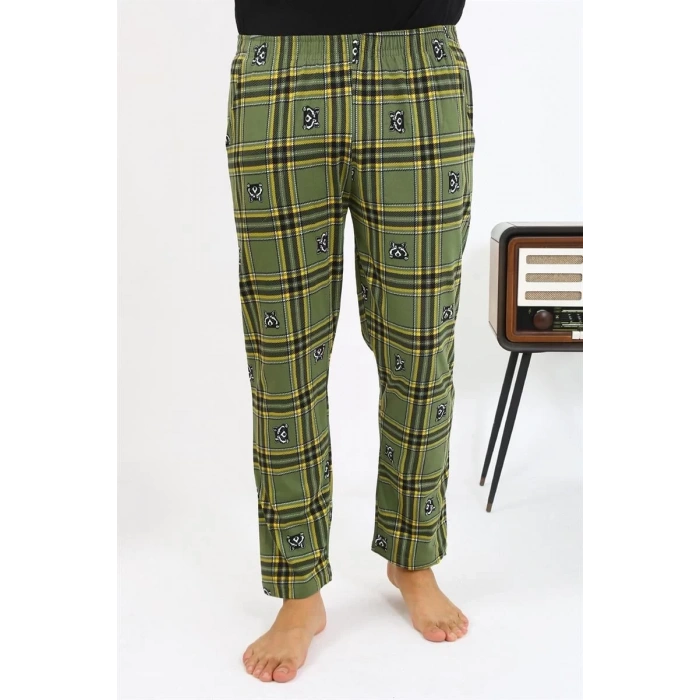 Moda Erkek Ekoseli Desen Penye Tek Alt Pijama Haki
