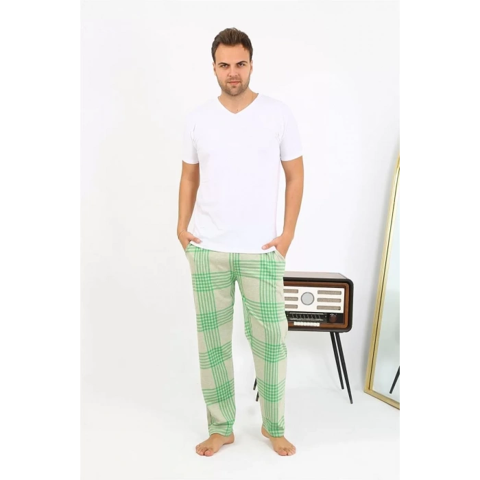 Moda Erkek Ekoseli Desen Penye Tek Alt Pijama Yeşil