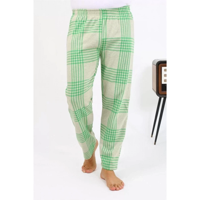 Moda Erkek Ekoseli Desen Penye Tek Alt Pijama Yeşil