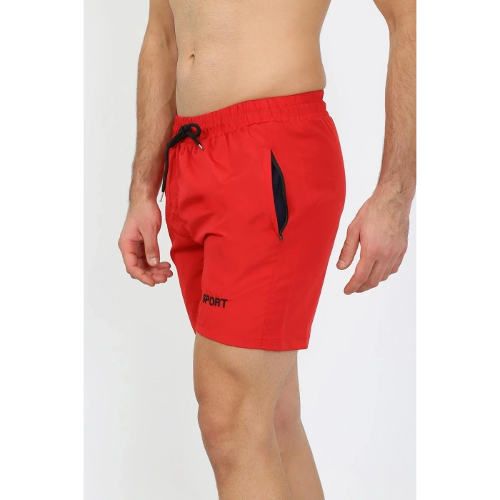 Moda Erkek Fermuar Cepli Deniz Şortu Kırmızı