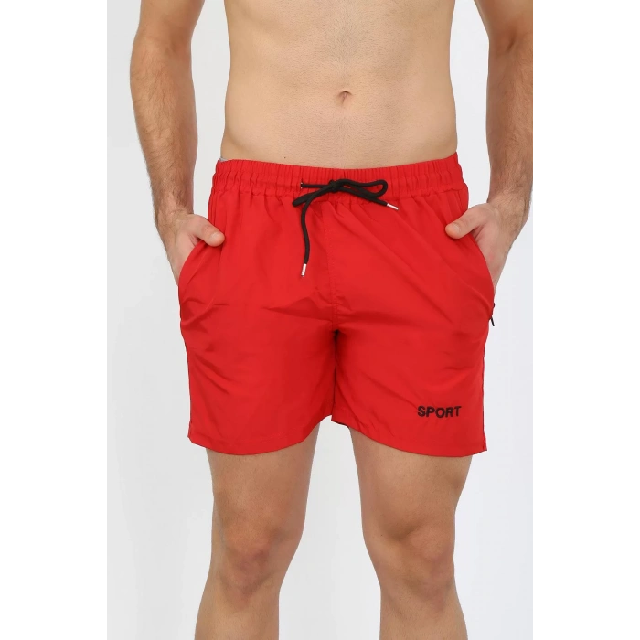 Moda Erkek Fermuar Cepli Deniz Şortu Kırmızı