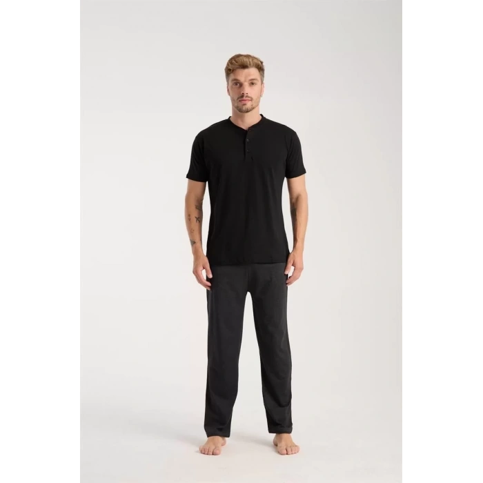 Moda Erkek Füme Düğmeli Yaka Kısa Kol Pijama Takımı