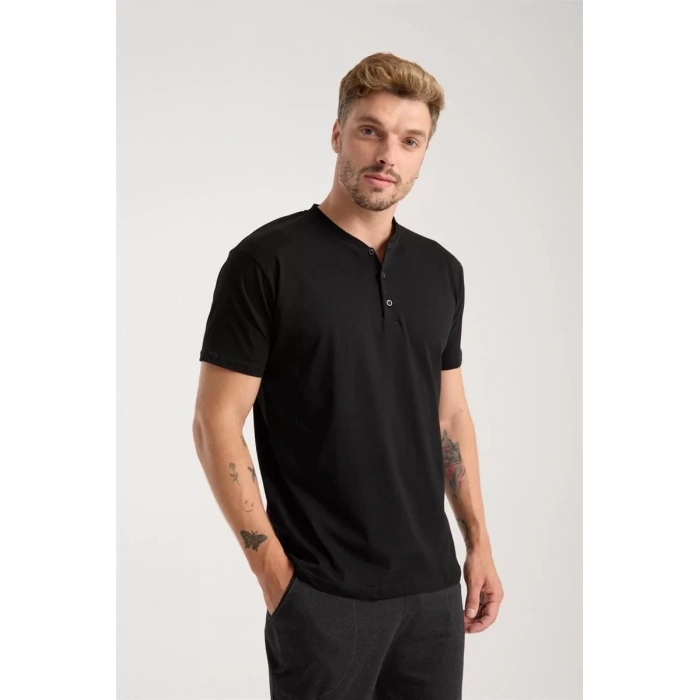 Moda Erkek Füme Düğmeli Yaka Kısa Kol Pijama Takımı