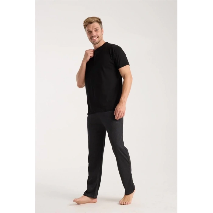 Moda Erkek Füme Düğmeli Yaka Kısa Kol Pijama Takımı