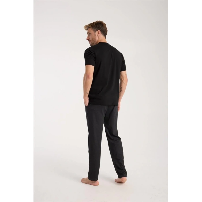 Moda Erkek Füme Düğmeli Yaka Kısa Kol Pijama Takımı