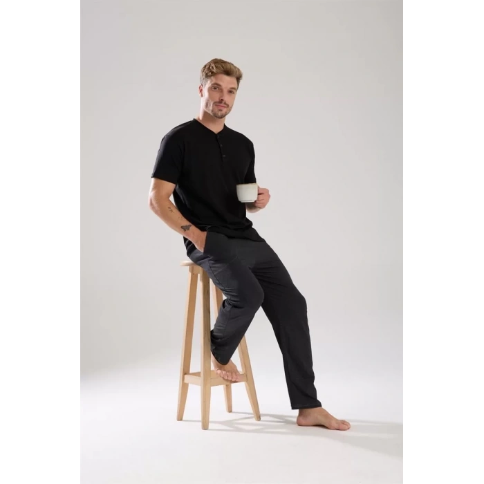 Moda Erkek Füme Düğmeli Yaka Kısa Kol Pijama Takımı