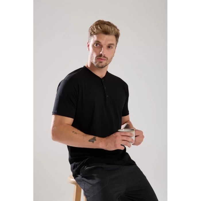 Moda Erkek Füme Düğmeli Yaka Kısa Kol Pijama Takımı