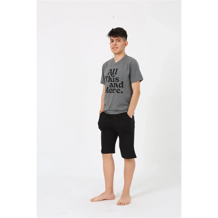 Moda Erkek Genç Garson Boy Kısa Kol Antrasit Penye Şortlu Pijama Takımı