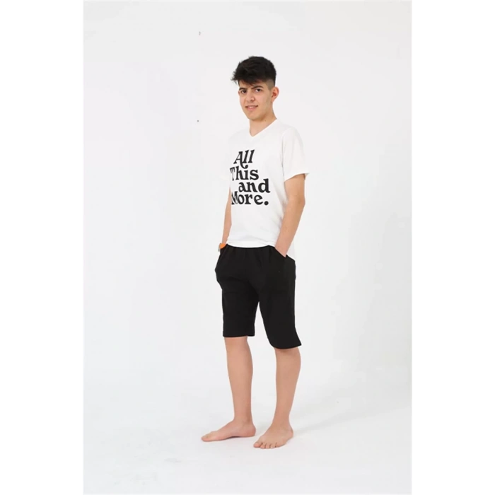 Moda Erkek Genç Garson Boy Kısa Kol Ekru Penye Şortlu Pijama Takımı