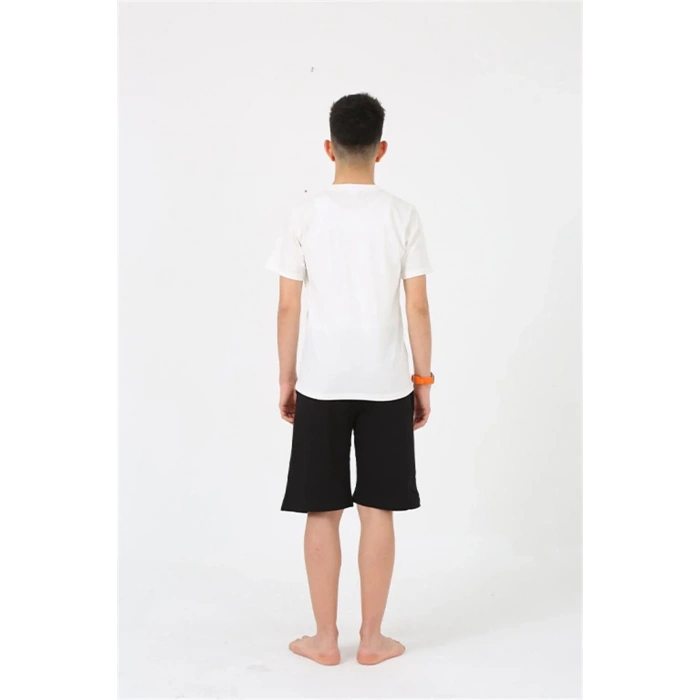 Moda Erkek Genç Garson Boy Kısa Kol Ekru Penye Şortlu Pijama Takımı