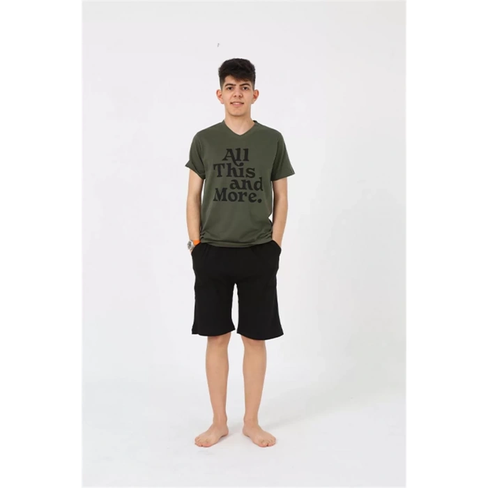 Moda Erkek Genç Garson Boy Kısa Kol Haki Penye Şortlu Pijama Takımı