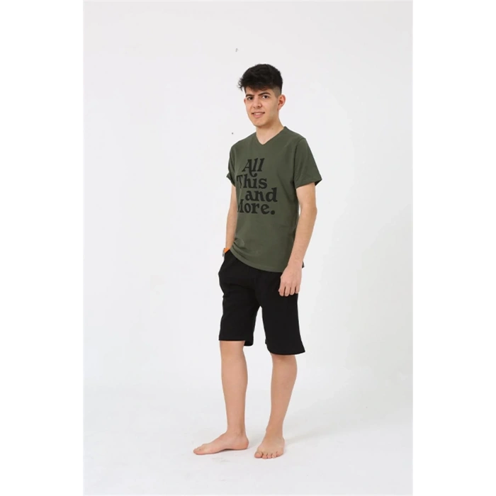Moda Erkek Genç Garson Boy Kısa Kol Haki Penye Şortlu Pijama Takımı