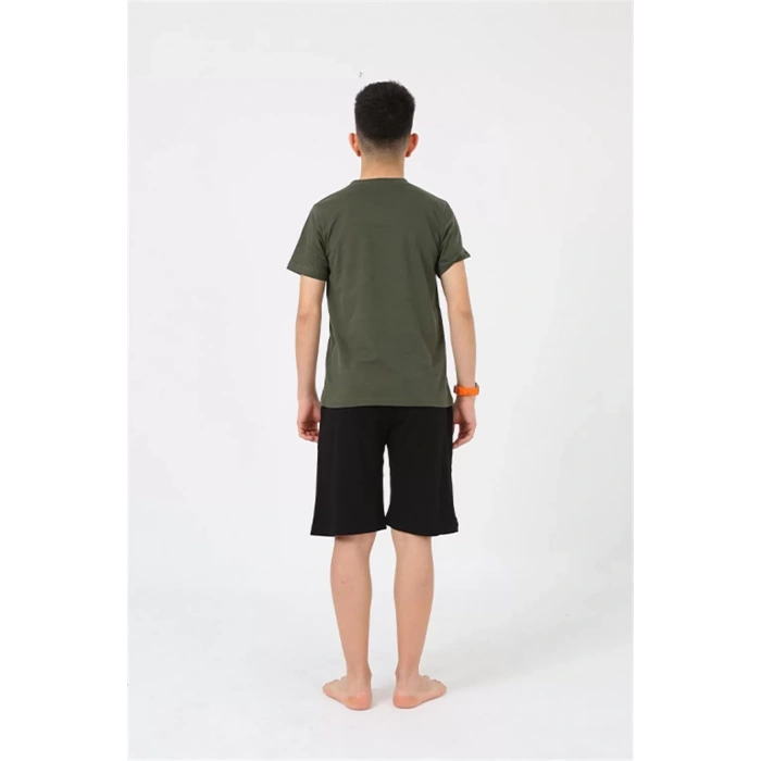 Moda Erkek Genç Garson Boy Kısa Kol Haki Penye Şortlu Pijama Takımı