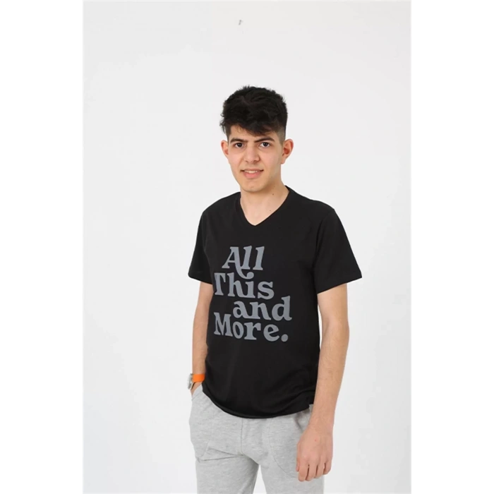 Moda Erkek Genç Garson Boy Kısa Kol Siyah Penye Şortlu Pijama Takımı