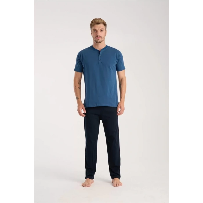 Moda Erkek İndigo Düğmeli Yaka Kısa Kol Pijama Takımı
