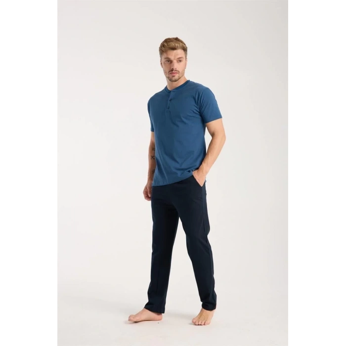 Moda Erkek İndigo Düğmeli Yaka Kısa Kol Pijama Takımı