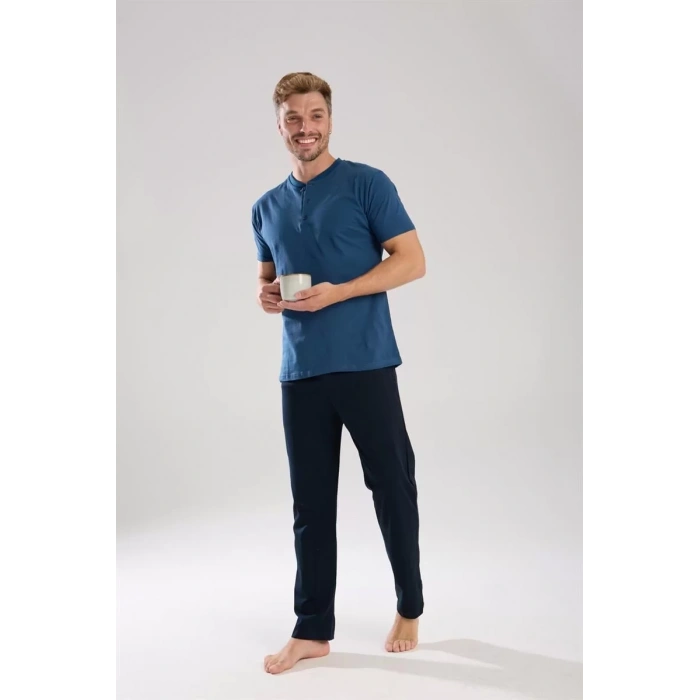 Moda Erkek İndigo Düğmeli Yaka Kısa Kol Pijama Takımı
