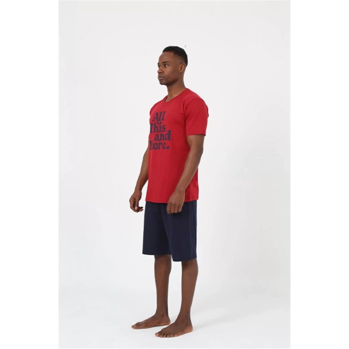 Moda Erkek Kısa Kol Bordo Penye Şortlu Pijama Takımı