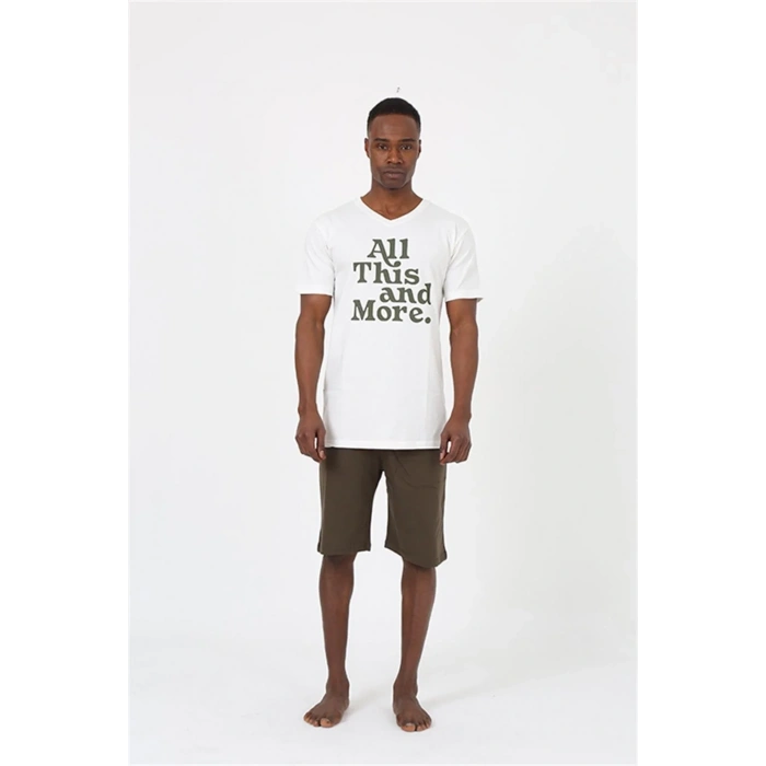 Moda Erkek Kısa Kol Ekru Penye Şortlu Pijama Takımı