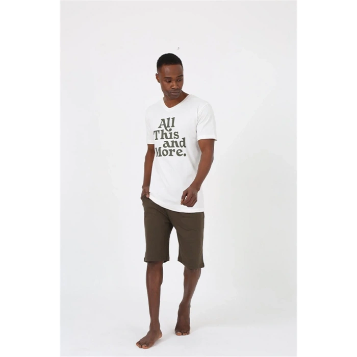 Moda Erkek Kısa Kol Ekru Penye Şortlu Pijama Takımı