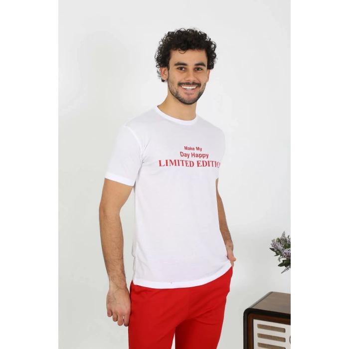 Moda Erkek Kısa Kol Penye Beyaz Pijama Takımı