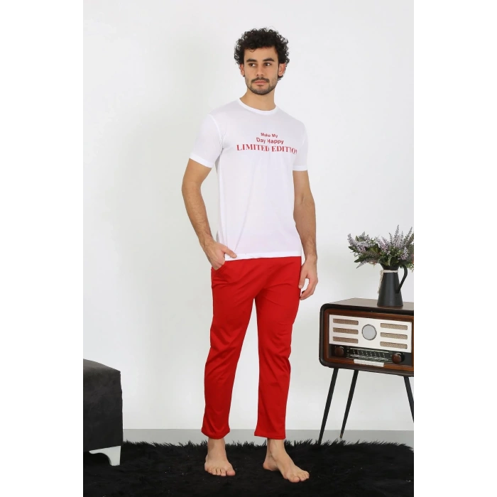 Moda Erkek Kısa Kol Penye Beyaz Pijama Takımı