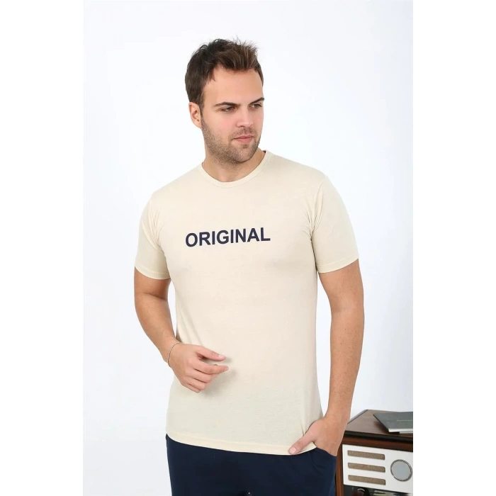 Moda Erkek Kısa Kol Penye Pijama Takımı Krem