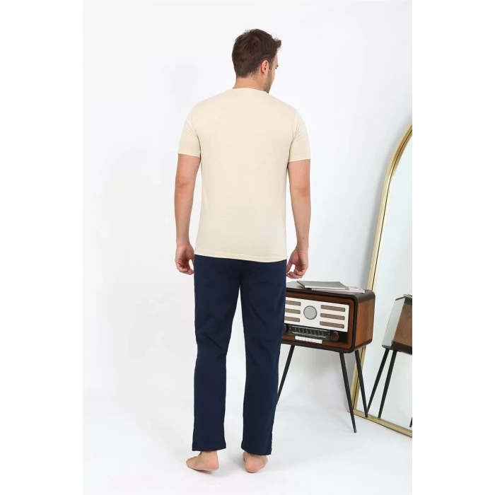 Moda Erkek Kısa Kol Penye Pijama Takımı Krem
