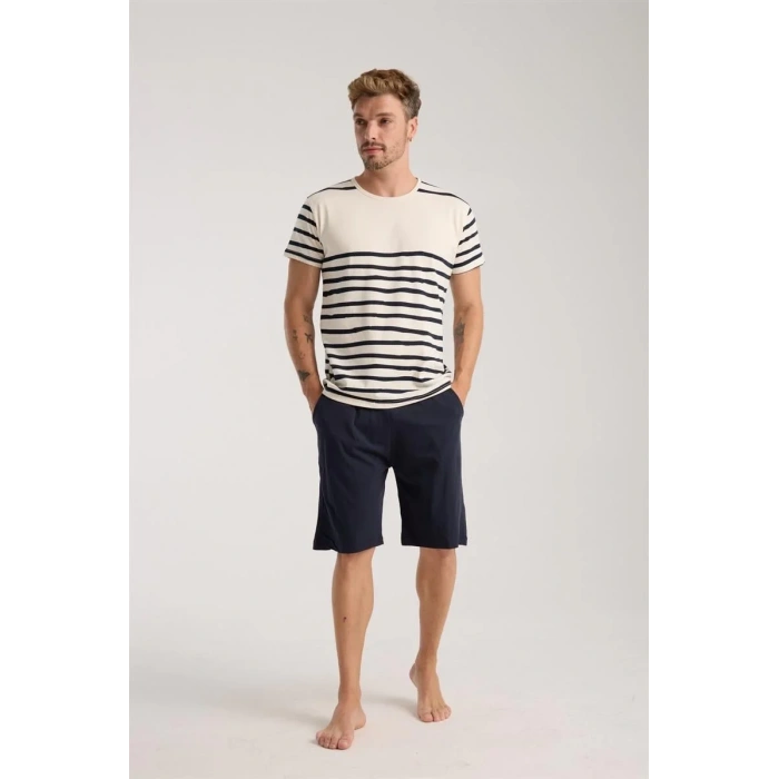 Moda Erkek Krem Sıfır Yaka Kısa Kol Şortlu Pijama Takımı