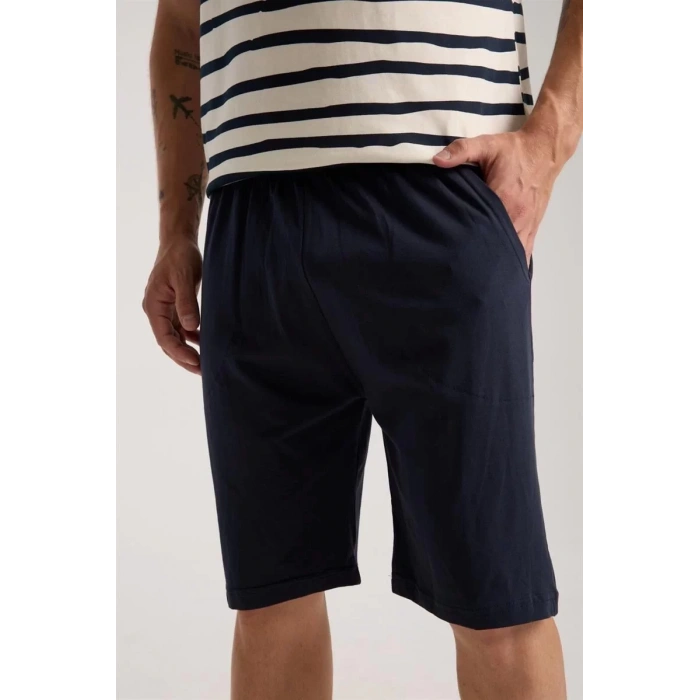 Moda Erkek Krem Sıfır Yaka Kısa Kol Şortlu Pijama Takımı