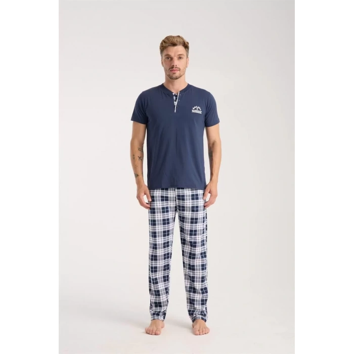 Moda Erkek Lacivert Düğmeli Yaka Kısa Kol Pijama Takımı