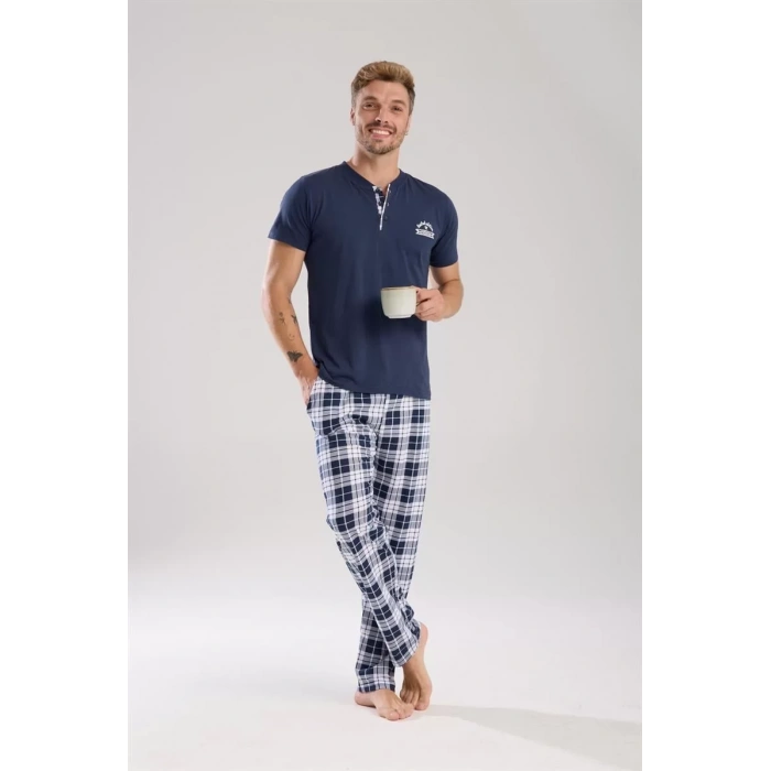 Moda Erkek Lacivert Düğmeli Yaka Kısa Kol Pijama Takımı
