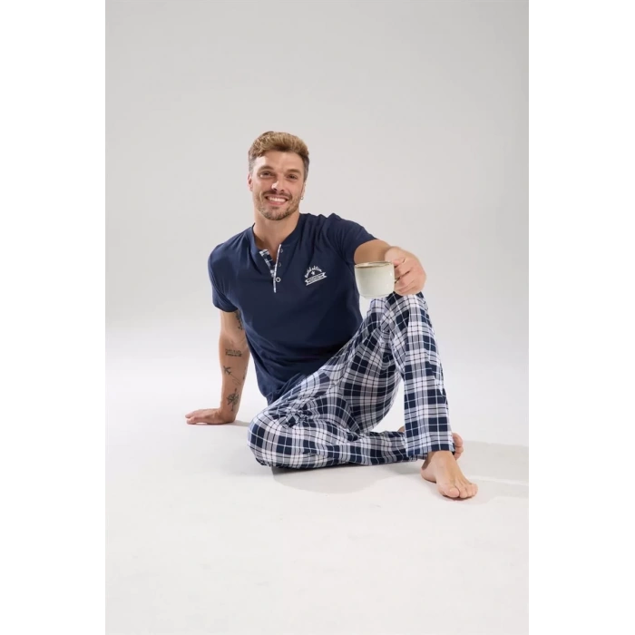 Moda Erkek Lacivert Düğmeli Yaka Kısa Kol Pijama Takımı