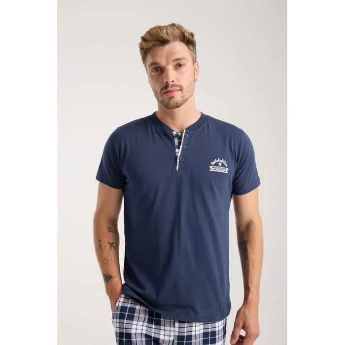 Moda Erkek Lacivert Düğmeli Yaka Kısa Kol Pijama Takımı