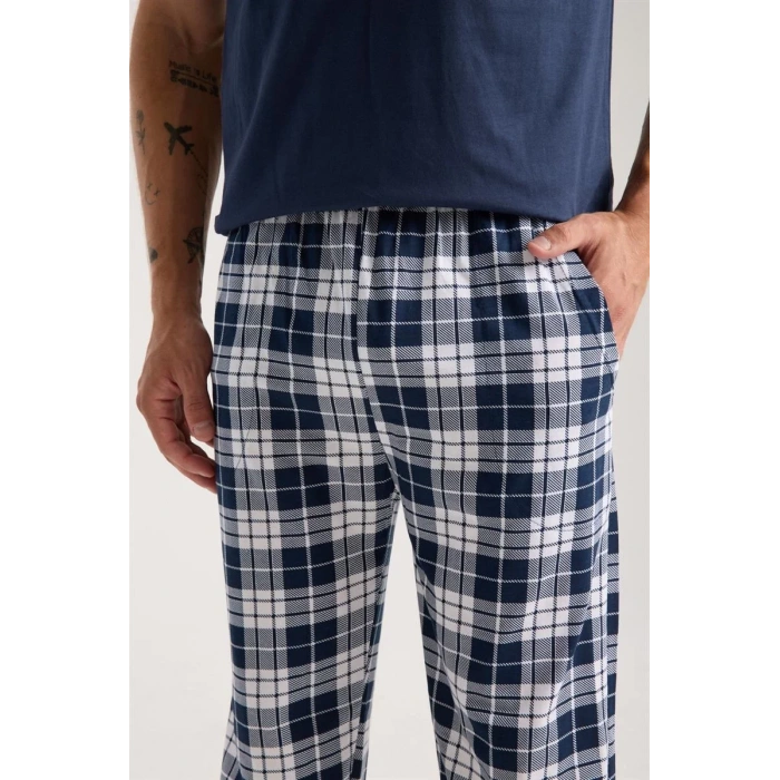 Moda Erkek Lacivert Düğmeli Yaka Kısa Kol Pijama Takımı