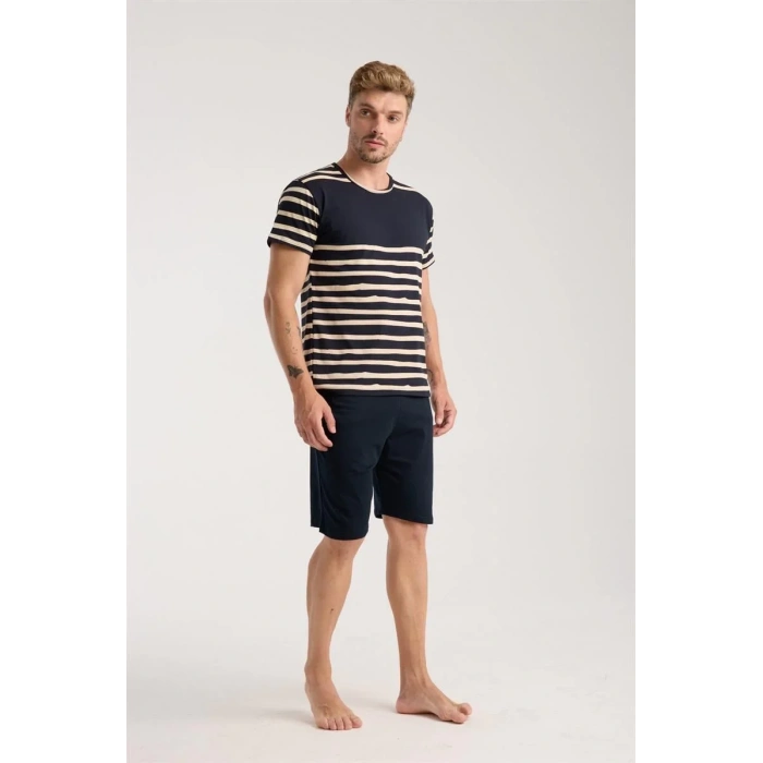 Moda Erkek Lacivert Sıfır Yaka Kısa Kol Şortlu Pijama Takımı